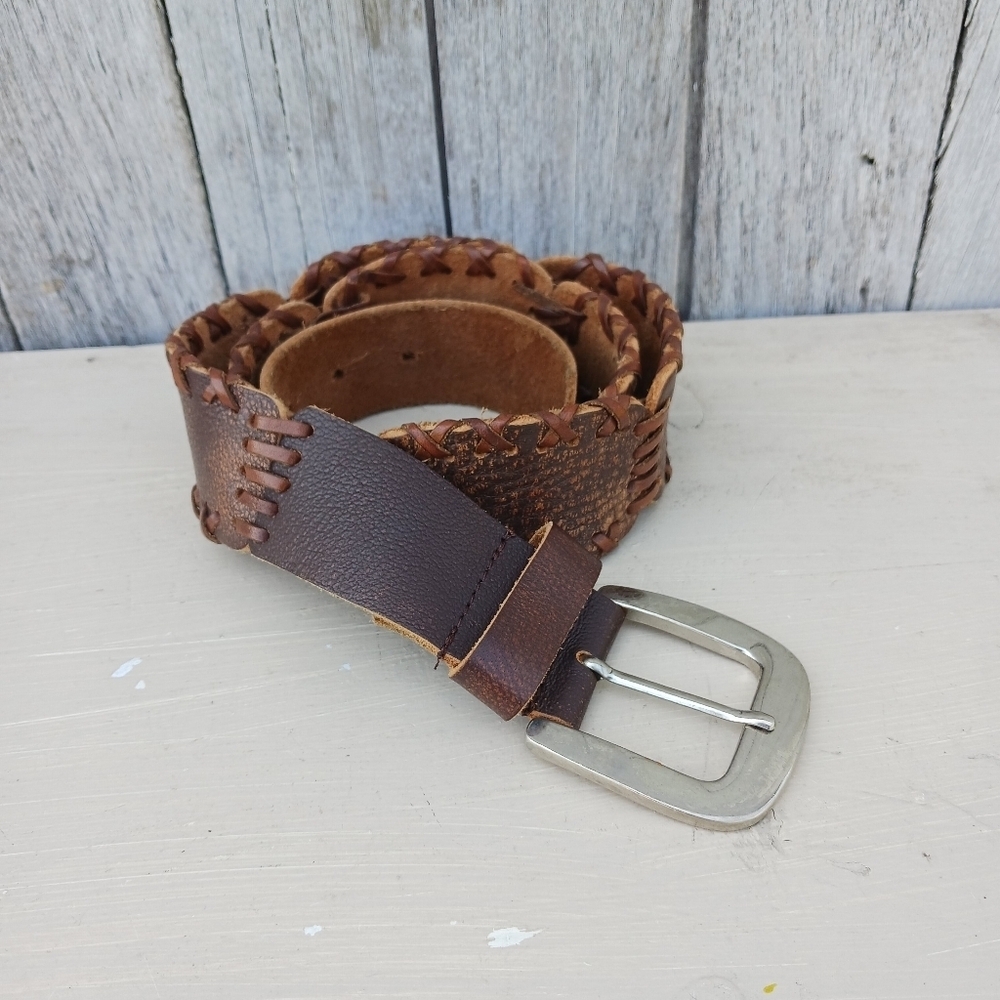 Vtg Whip Stitch Patchwork Brown Pebble Leather‎ Belt White Brass Boho Western